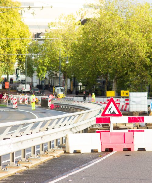 Work site closed with roadblocks for road works in the Netherlands